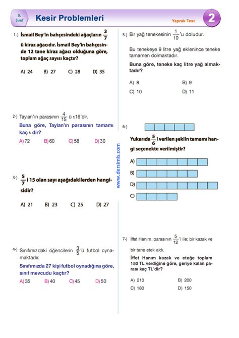 Kesirlerde sıralama 5 sınıf test pdf